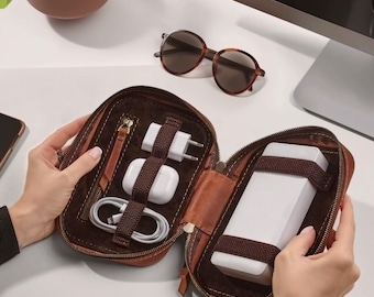 Personalized Travel Cable Organizer bag, Handmade Travel Electronic Accessories Bag, Leather Tech Organizer for Chargers and Cables
