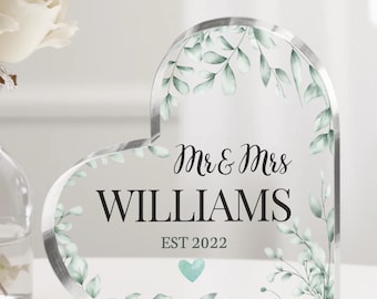 Wedding Present Mrs and Mrs - Personalized Acrylic Heart Plaque, Anniversary Gift for Husband and Wife, Wedding gift for bride and groom