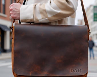 Handmade Leather Cross-Body MacBook Bag, Personalized 14-16 Inch Laptop Leather Bag with Name, Monogrammed Shoulder Bag for 16" Laptop