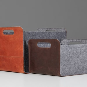 Large felt & leather storage organization bins for living room with handles, Customized storage basket for laundry housewarming gift