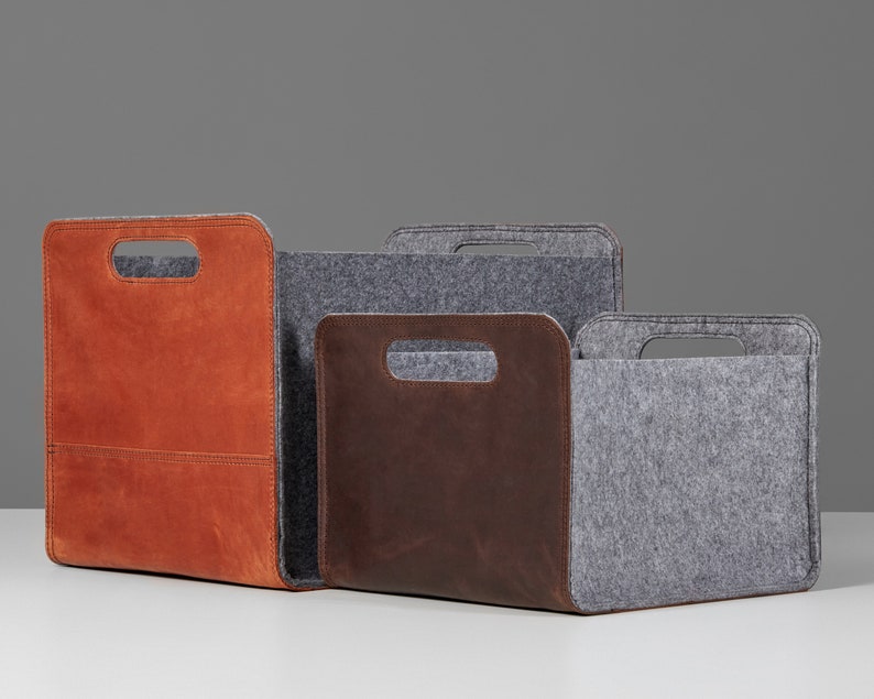 Light Gray Felt Storage Bin / Felt Storage Box With Leather Etsy