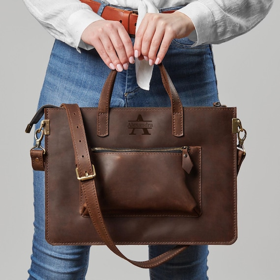 Slim Laptop Bag From Top Grain Leather, Minimalist Briefcase Women - Main Image