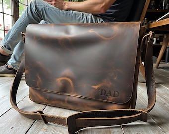 Personalized Leather Briefcase Laptop Bag, 14-16 Inch MacBook Leather Bag for Men and Women, Custom Leather Shoulder Bag for Lawyer