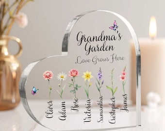 Personalized Grandma's Garden Gift For Grandma Acrylic Heart Plaque, Mother's Day Gift For Grandma, Birth Month Flowers Heart-Shaped Plaque