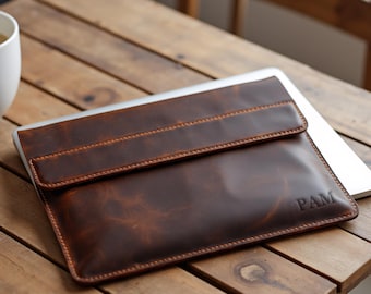 Personalized Laptop Sleeve MacBook Air, Custom Leather Laptop Case with Monogram, Handmade Leather MacBook Pro Sleeve with Name Engraved