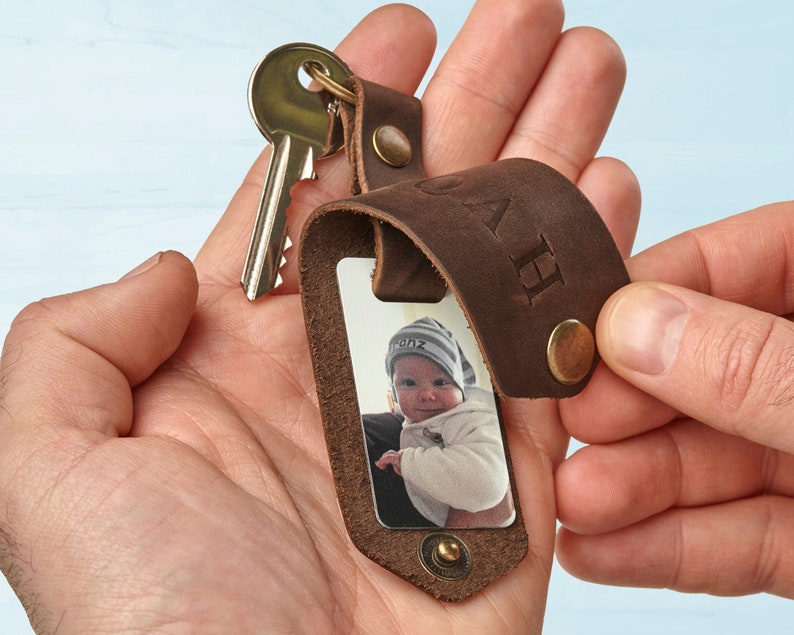 Personalized leather picture keychain with the baby photo, cowhide key accessory