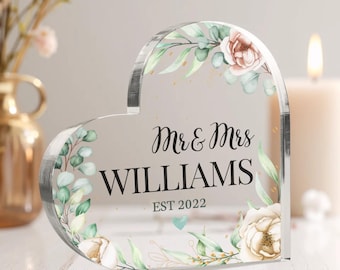 Anniversary Gift Mrs and Mrs - Personalized Acrylic Heart Plaque, Mr and Mrs Wedding Sign, Glass Wedding Gift for couples, Fiancee Present