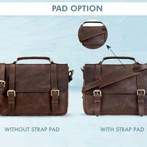 May include: Two brown leather messenger bags with adjustable straps. The bag on the left has a plain strap, while the bag on the right has a padded strap. The text "WITHOUT STRAP PAD" is below the left bag, and the text "WITH STRAP PAD" is below the right bag.