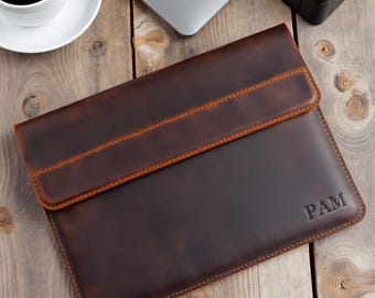 Personalized Leather MacBook Sleeve with Monogram, Slim Custom Leather Laptop Bag, Handmade Leather Laptop Case for MacBook 13-16 inches