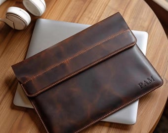 Personalized Laptop Sleeve with Monogram, Custom Laptop Envelope Sleeve, MacBook Pro Air 13" 15" 16" Leather Monogrammed Gift with Name