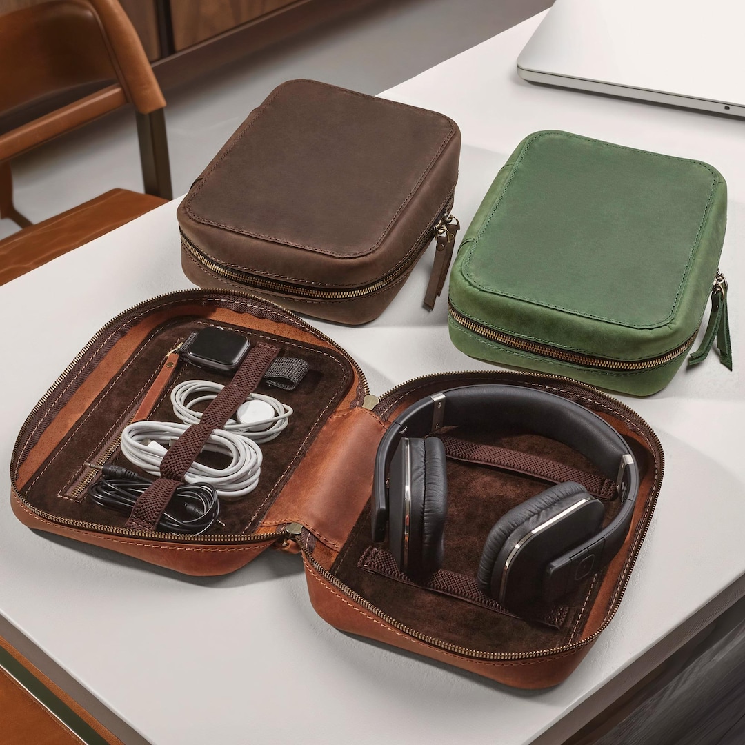 Custom Leather Cable Organizer Bag, Personalized Cable and Charger ...