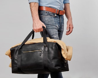 Black leather gym bag for men, custom duffel bag for travel, Mens duffle bag