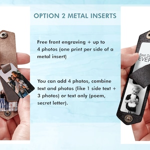 Puede incluir: Llavero de cuero con inserciones met&aacute;licas. El llavero presenta una inserci&oacute;n de foto y texto que dice "Best Dad EVER". La imagen muestra la opci&oacute;n de agregar hasta cuatro fotos o combinar texto y fotos.