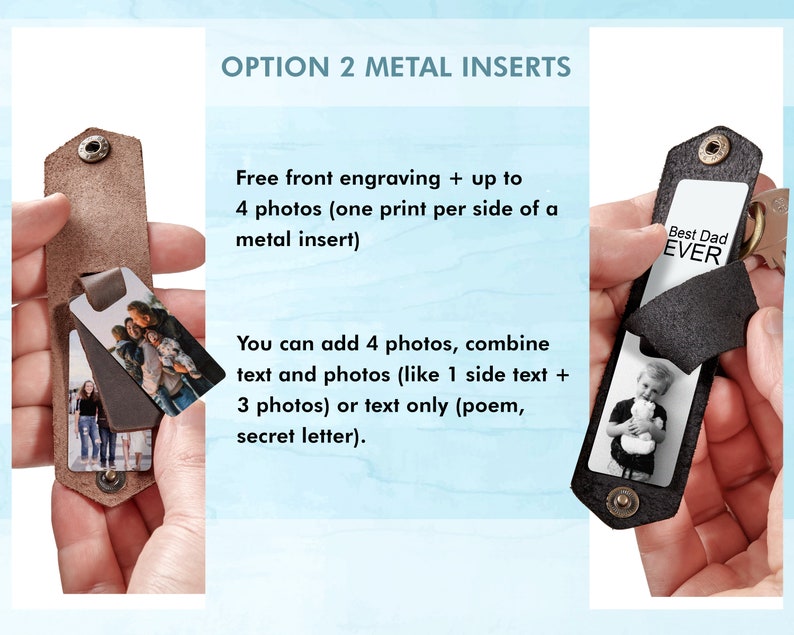 Puede incluir: Llavero de cuero con inserciones met&aacute;licas. El llavero presenta una inserci&oacute;n de foto y texto que dice "Best Dad EVER". La imagen muestra la opci&oacute;n de agregar hasta cuatro fotos o combinar texto y fotos.