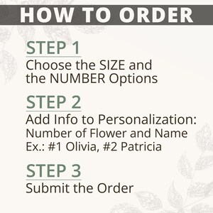 May include: A three-step guide on how to order. Step 1: Choose the size and number of items. Step 2: Add personalization information, such as the number of flowers and names. Step 3: Submit the order.