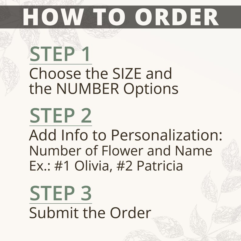 May include: A three-step guide on how to order. Step 1: Choose the size and number of items. Step 2: Add personalization information, such as the number of flowers and names. Step 3: Submit the order.