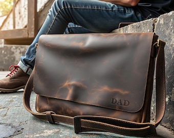 Personalized Leather Messenger Bag for Doctor, Handmade Laptop Bag with Initials, Personalized Leather Shoulder Bag for Macbook 14-16"