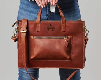 Personalized Womens Laptop Bag for Macbook 14 16, Handmade Leather Laptop Bag Women, Minimalist Leather Work Bag, Slim Messenger Bag Women