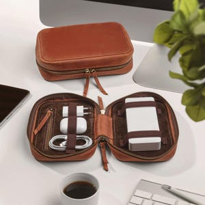 Personalized Leather Cable Organizer Case with Monogram - 3 Year Anniversary Gift, Travel Tech Organizer, Leather Tech Accessories Bag