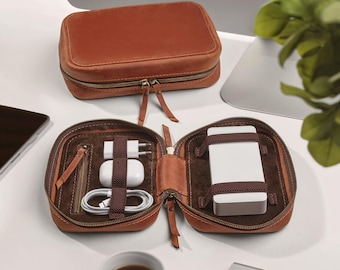 Personalized Leather Cable Organizer Case with Monogram - 3 Year Anniversary Gift, Travel Tech Organizer, Leather Tech Accessories Bag