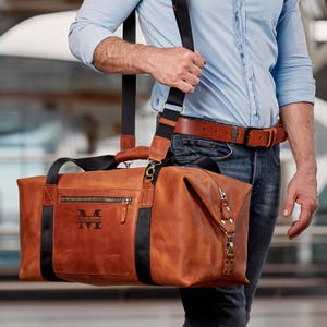 Leather Duffle Bag Men with Monogram, Top Grain Leather Weekender Bag Men, Personalized Duffle Bag Men, Custom Groomsmen Duffle Bag