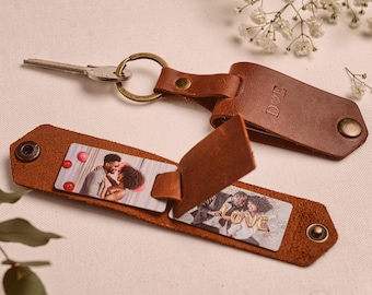3rd wedding anniversary gift for Him, personalized photo keyring with full grain leather cover, leather anniversary gift with up to 6 photos