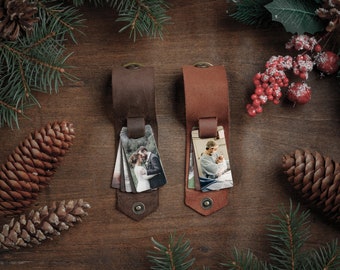 Personalized wedding gift for 3rd leather anniversary couple photo keychain leather gift for him, picture keyholder for husband