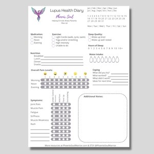 May include: A printable Lupus Health Diary with a Phoenix Soul logo. The diary includes sections for medication, exercise, sleep quality, nutrition, overall pain levels, symptoms, coping, and additional notes. The diary is designed to help people with chronic illness track their health and well-being.