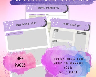 May include: A purple and gray printable self-care kit with a moon and stars design. The kit includes a goal planner, a wish list, and a task tracker. The text "Spoonie Self Care Kit" is at the top of the image. The text "40+ Pages" is in the lower left corner of the image. The text "Everything You Need To Manage Your Self-Care" is in the lower right corner of the image.