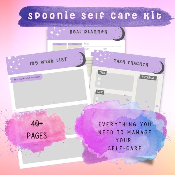 Self Care Print, Self Care Kit, Self Care Planner, Chronic Illness Planner, Spoonie Self-Care Kit, Self Care Workbook,