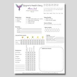 May include: A printable Sjogren's Health Diary with sections for medication, exercise, sleep quality, nutrition, overall pain levels, symptoms, coping, and additional notes. The diary includes a calendar for tracking dates and a section for water intake.