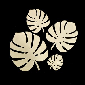 Puede incluir: Un conjunto de cuatro recortes de hojas de monstera de color crema dispuestos en un grupo sobre un fondo negro s&oacute;lido. Cada hoja presenta el dise&ntilde;o caracter&iacute;stico de hoja dividida con recortes distintos y puntas puntiagudas.