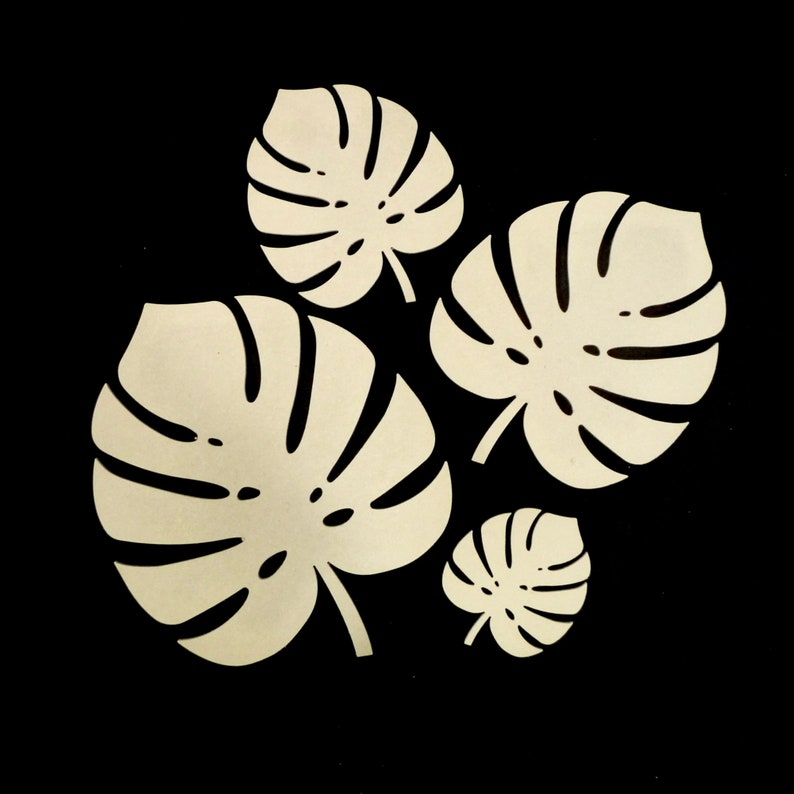 Puede incluir: Un conjunto de cuatro recortes de hojas de monstera de color crema dispuestos en un grupo sobre un fondo negro s&oacute;lido. Cada hoja presenta el dise&ntilde;o caracter&iacute;stico de hoja dividida con recortes distintos y puntas puntiagudas.
