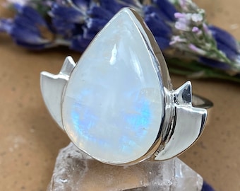 Rainbow Moonstone Sterling Silver Lotus Ring size 8