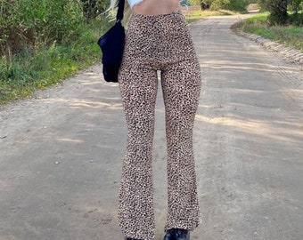 Fanteecy Women Leopard Print High Waist Flare Pants Stretchy Bell Bottom Palazzo Skinny Pants Snakeskin Trousers Blue