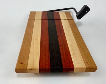 Attractive Cherry, Maple, Padauk and African Wenge Butcher Block Style Cheese Slicing Board, Exotic Hardwood Cheese Slicer