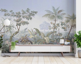 May include: A white media console with a wood base sits in front of a wall mural depicting a lush tropical jungle scene with palm trees, ferns, and other foliage. The mural is painted in shades of green, blue, and brown.