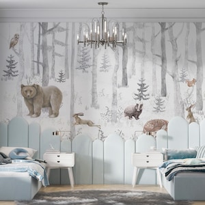 White Wild Forest Animals Woodland Wallpaper Mural-C325