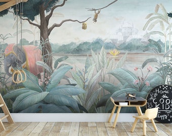 Tropical Jungle Wallpaper, Elephant and Monkey Peel and Stick self adhesive by Elegant Walls