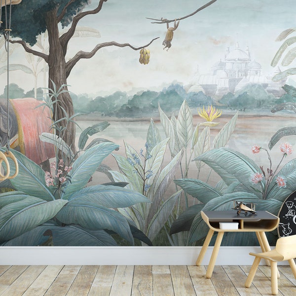 Tropical Jungle Wallpaper, Elephant and Monkey Peel and Stick self adhesive by Elegant Walls