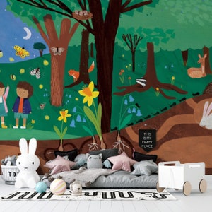 Whimsical Forest Friends Wall Decal - Vibrant Nursery Decor - Woodland Animals - Children Scene - Kids Room Wallpaper