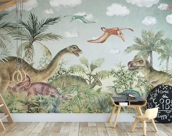 Dinosaur Wallpaper | Dino Wall Mural Peel and Stick and Removable Wall design for Kids Room by Elegant Walls