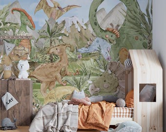 Dinosaur Jungle Kids Wallpaper Mural Prehistoric Animals Peel and Stick Wallpaper-C121