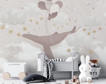 Dromerige walvis en sterren kinderkamer behang - zachte tinten wolken en ballonnen - grillige babykamer muur muurschildering
