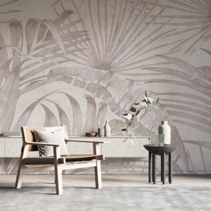 Carta da parati beige con motivi di foglie di palma tropicali - Decorazione murale con motivi di foglie per pareti, carta da parati staccabile e incollata Design murale B742