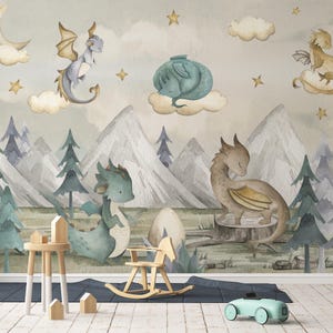 Carta da parati murale con drago bambino, foresta e montagna - Decorazione murale fantasy per cameretta dei bambini, decorazione unisex per la cameretta dei bambini - C42