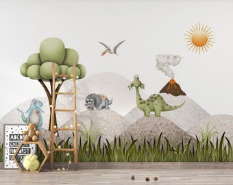 Mural de papel tapiz de naturaleza para habitación infantil con diseño de dinosaurio en la montaña, despegable y adhesivo, C343