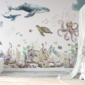 Carta da parati per bambini Under the Ocean - Murale con vita marina nautica per la decorazione della camera da letto dei bambini B755