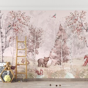 Woodland nursery wallpaper showcasing forest creatures such as a rabbit, bear, and birds against a pastel tree background.