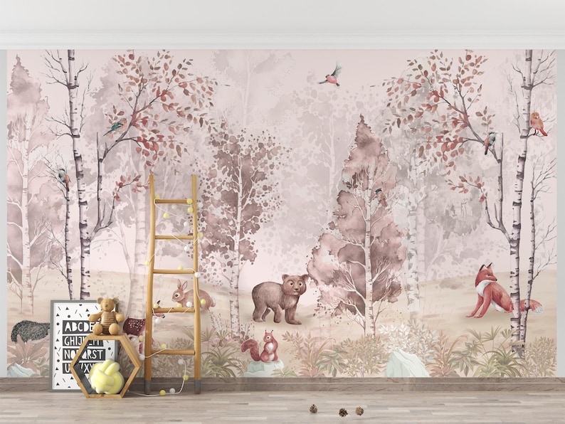 Woodland nursery wallpaper showcasing forest creatures such as a rabbit, bear, and birds against a pastel tree background.